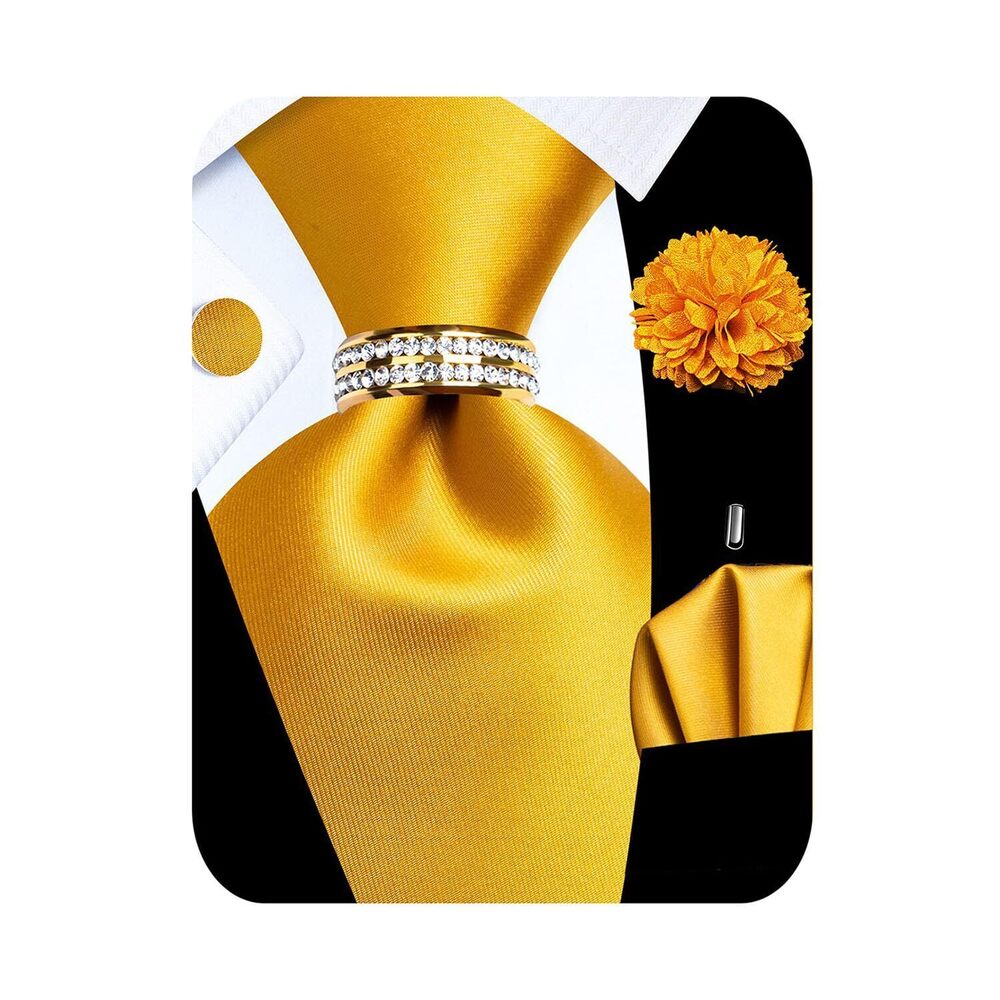 7050 5PCS Solid Gold Silk Tie, Pocket Square, Cufflinks, Drilled Tie Ring